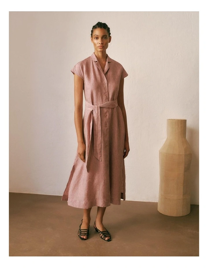 Linen End On End Stripe Shirt Dress in Light Pink image 2