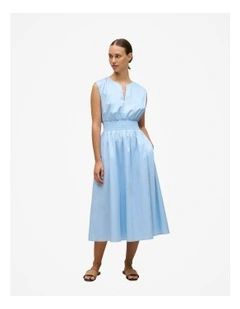 Cotton Sateen Shirred Waist Dress in Blue Marble