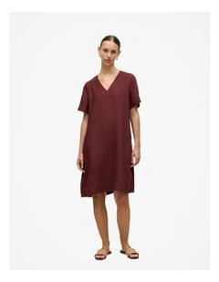 Linen V Neck Popover Shift Dress in Espresso
