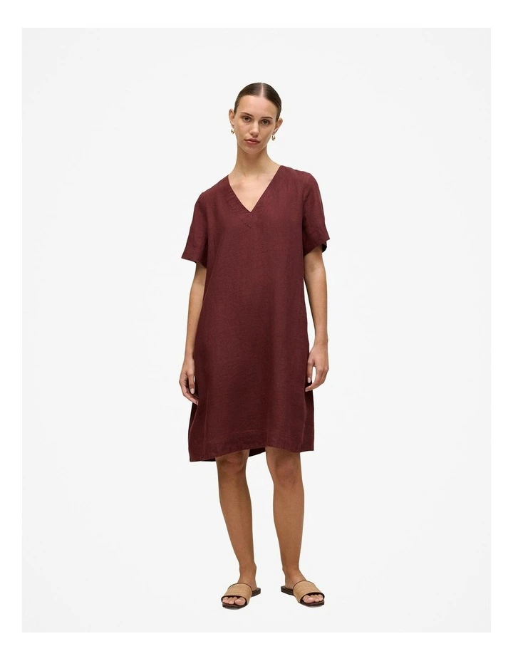Linen V Neck Popover Shift Dress in Espresso image 1