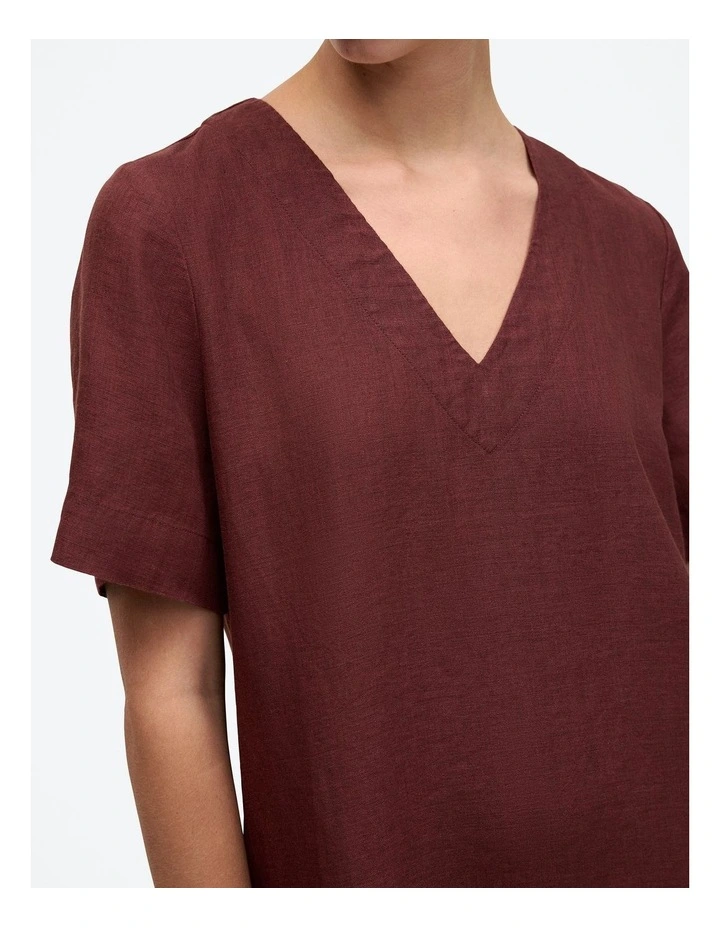 Linen V Neck Popover Shift Dress in Espresso image 3