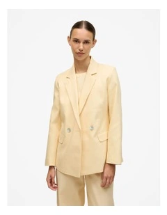 Linen Cotton Herringbone Double Breasted Blazer in Butter