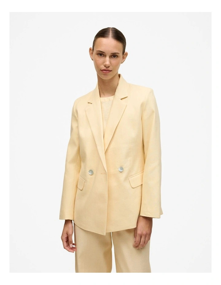 Linen Cotton Herringbone Double Breasted Blazer in Butter image 1