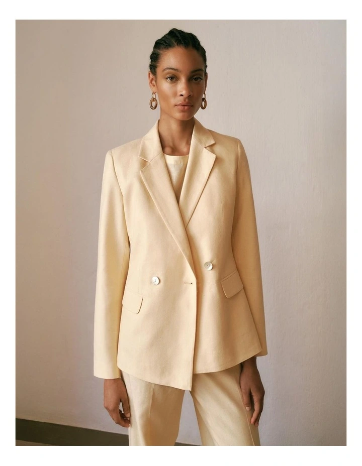 Linen Cotton Herringbone Double Breasted Blazer in Butter image 2