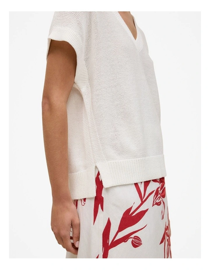 Mercerised Cotton Relaxed V Neck Knit in White image 3