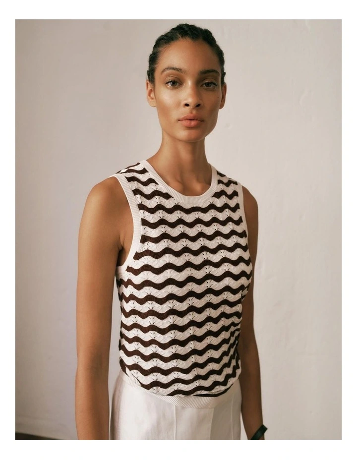 Cotton Pointelle Wave Stripe Tank in Espresso image 2