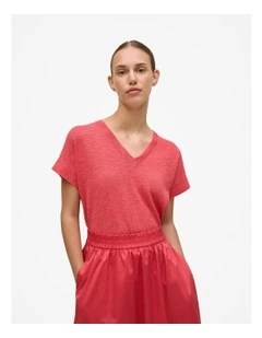 Linen Cotton Relaxed V Neck T-shirt in Crimson