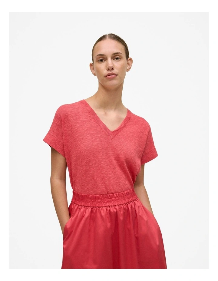 Linen Cotton Relaxed V Neck T-shirt in Crimson image 1