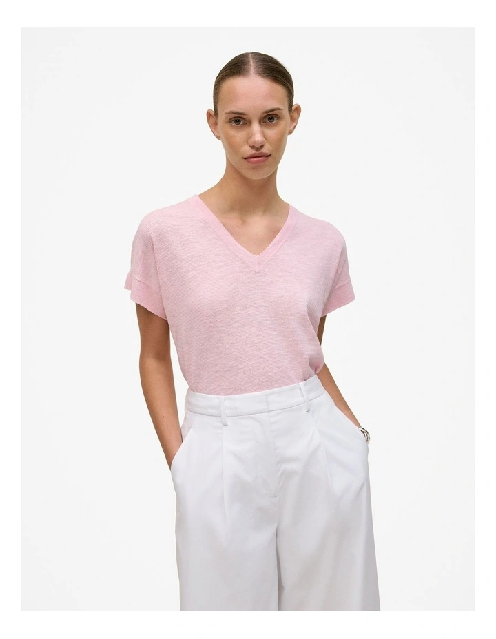 Linen Cotton Relaxed V Neck T-shirt in Light Pink image 1