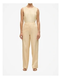 Linen Cotton Herringbone Tailored Wide Leg Pant in Butter