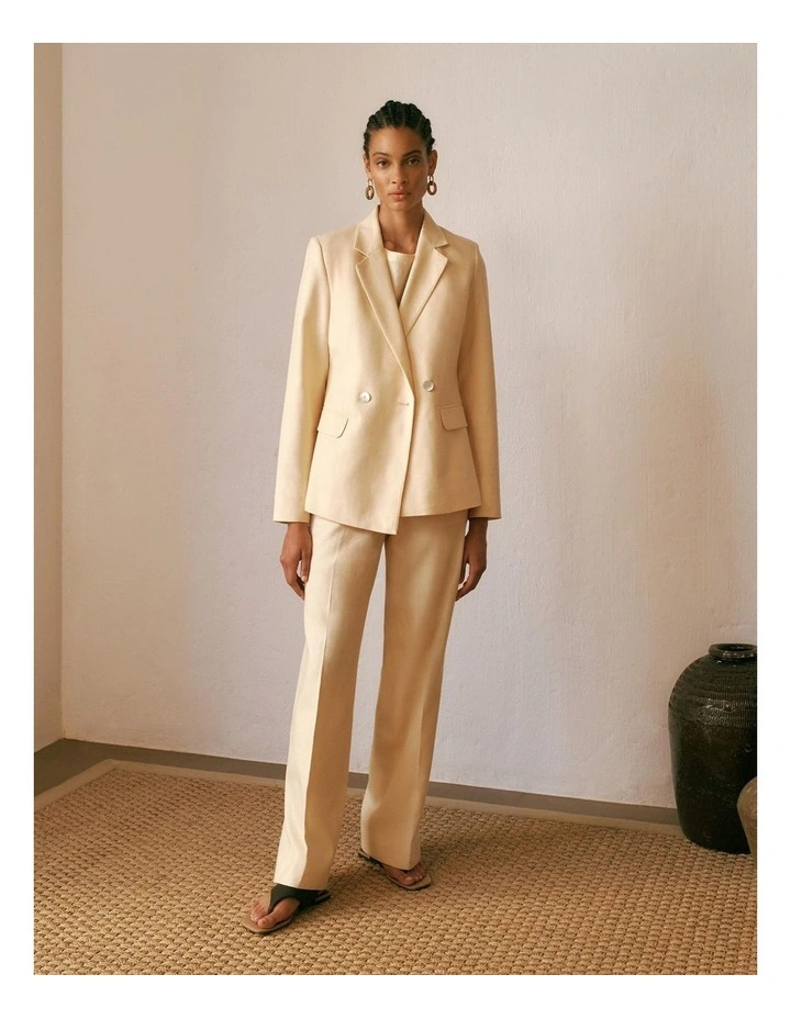 Linen Cotton Herringbone Tailored Wide Leg Pant in Butter image 2