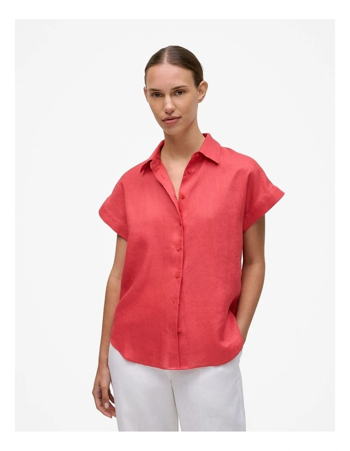 Linen Cap Sleeve Shirt in Crimson image 1