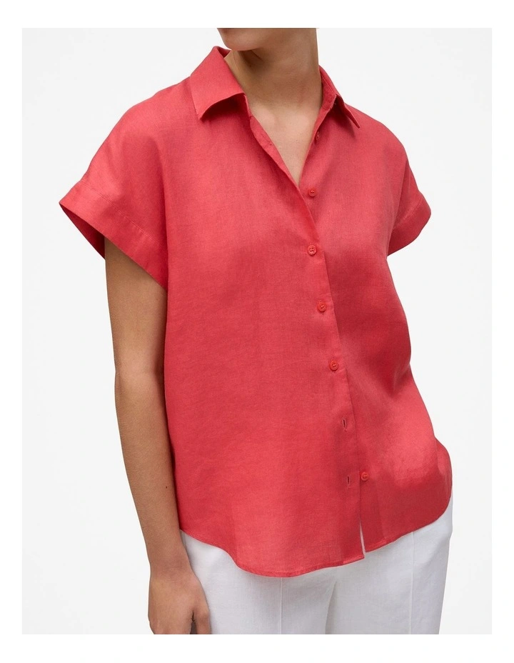 Linen Cap Sleeve Shirt in Crimson image 3