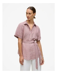 Linen End On End Stripe Belted Shirt in Light Pink