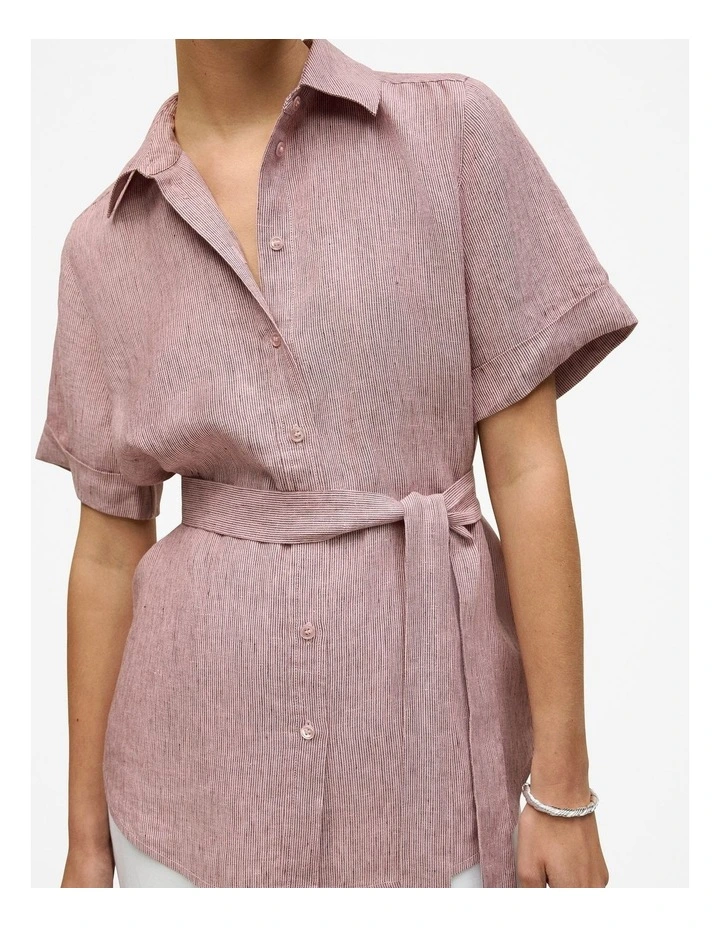 Linen End On End Stripe Belted Shirt in Light Pink image 3