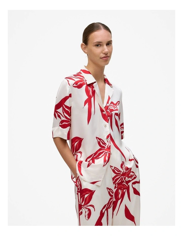 Wild Iris Satin Short Sleeve Shirt in White image 1