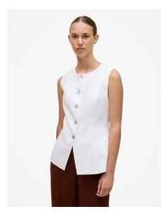 Linen Collarless Button Through Vest in White