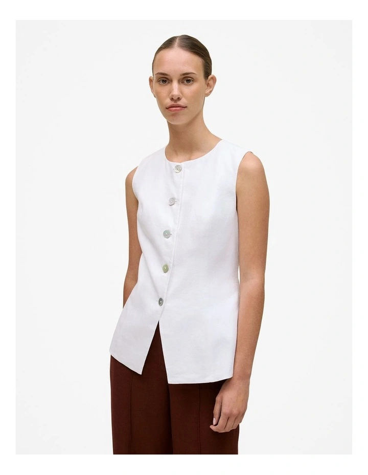 Linen Collarless Button Through Vest in White image 1