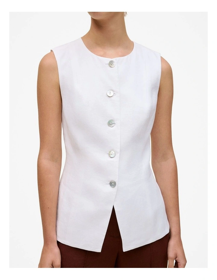 Linen Collarless Button Through Vest in White image 3
