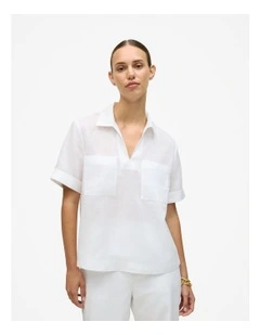 Ramie Collared Popover Shirt in White