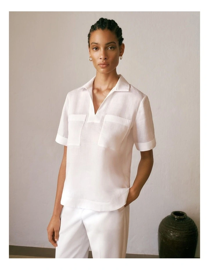 Ramie Collared Popover Shirt in White image 2
