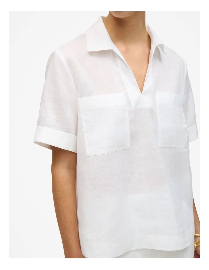 Ramie Collared Popover Shirt in White image 4