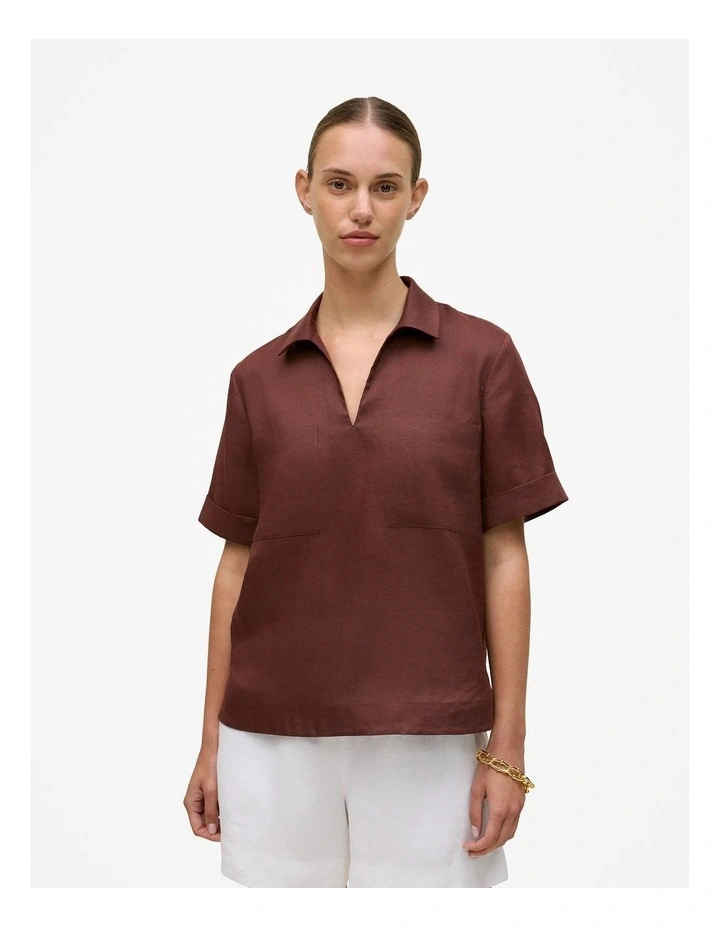 Ramie Collared Popover Shirt in Espresso image 1