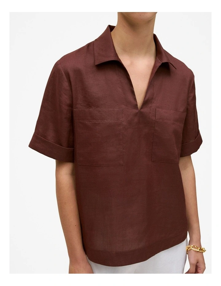 Ramie Collared Popover Shirt in Espresso image 3