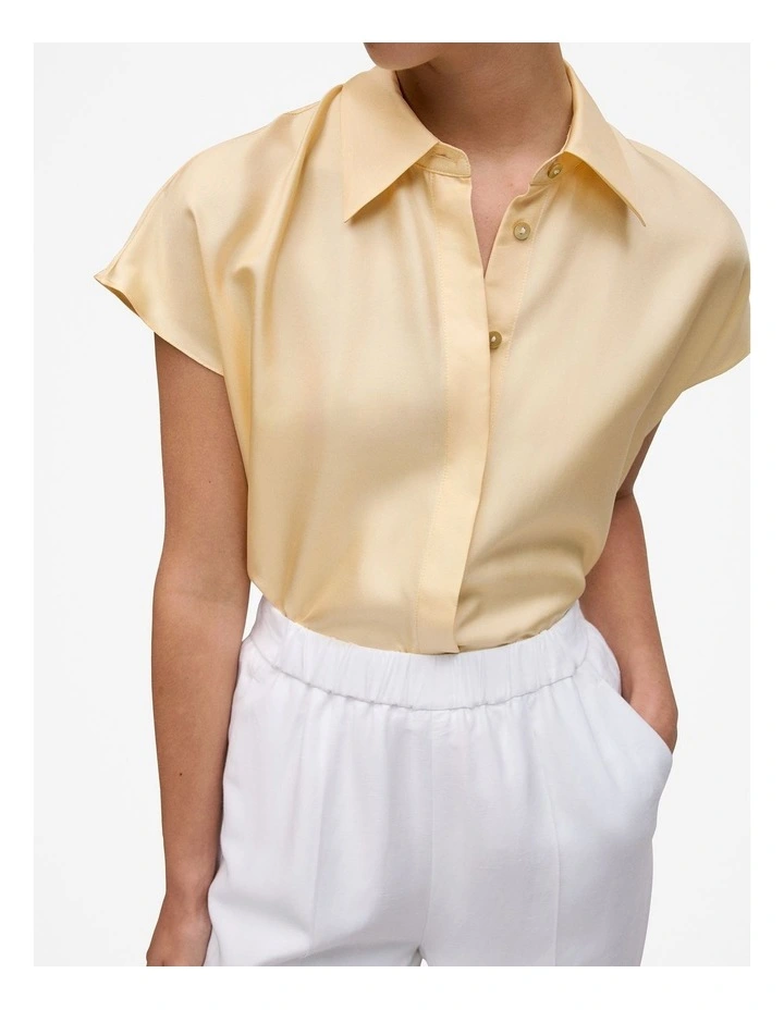 Silk Twill Cap Sleeve Shirt in Butter image 3