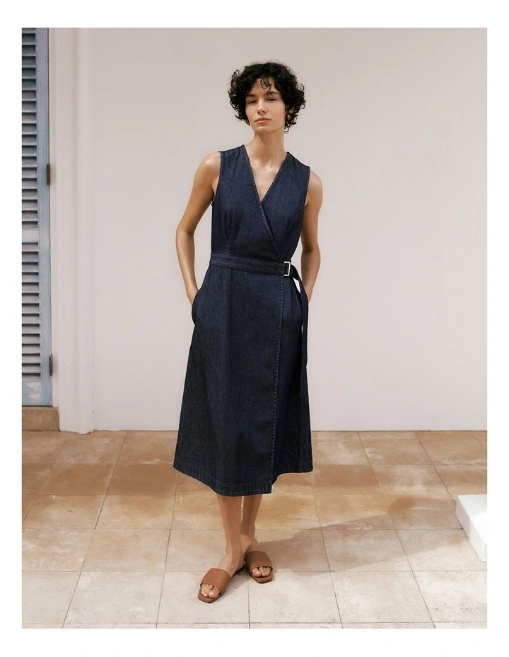 Denim Sleeveless Wrap Dress in Indigo Rinse image 1