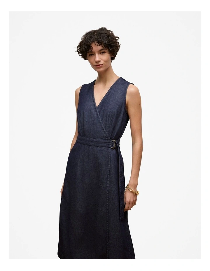 Denim Sleeveless Wrap Dress in Indigo Rinse image 2