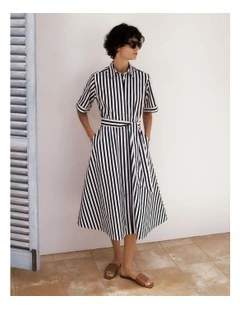 Cotton Poplin Stripe Shirt Dress in Night Sky