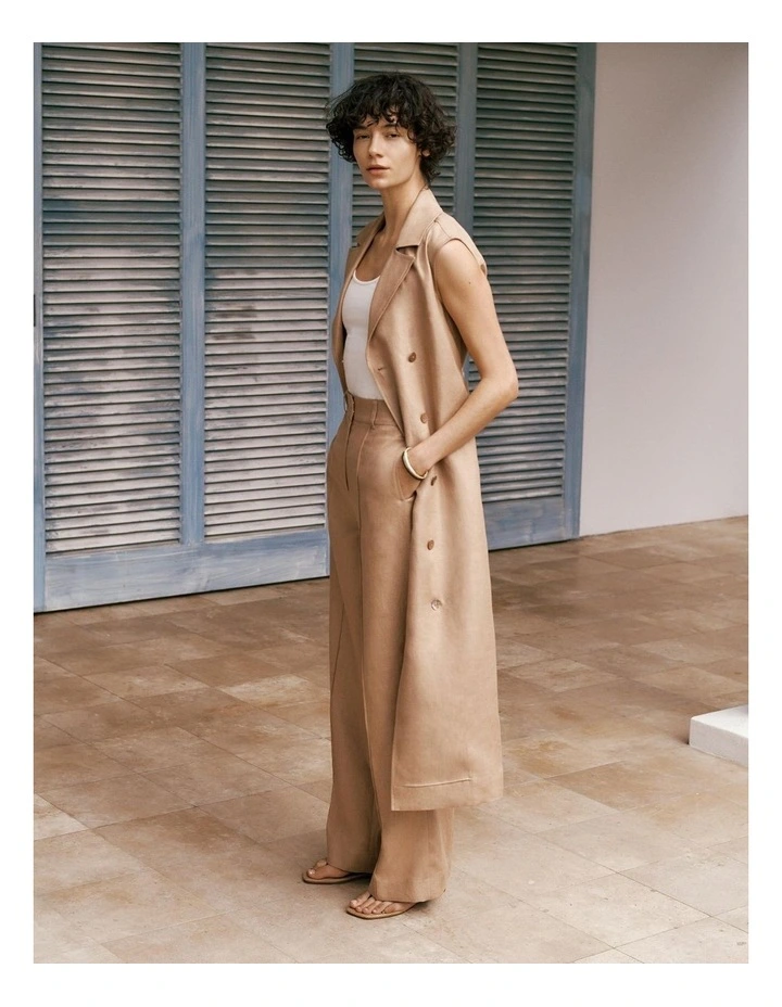 Linen Twill Sleeveless Trench Dress in Light Camel image 1