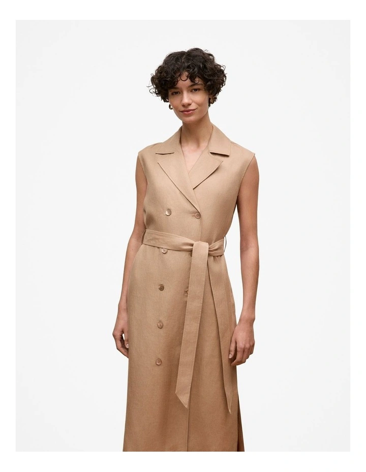 Linen Twill Sleeveless Trench Dress in Light Camel image 2