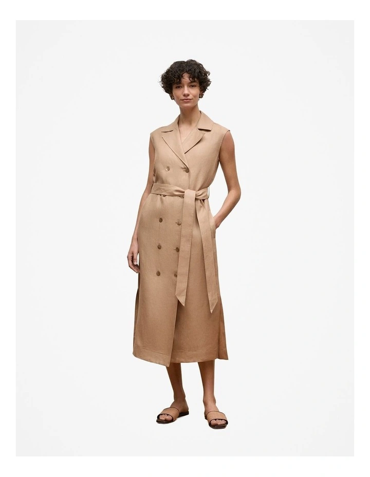 Linen Twill Sleeveless Trench Dress in Light Camel image 3