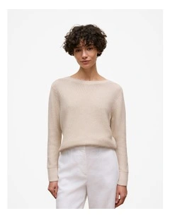 Cotton Linen Boatneck Knit Jumper in Stone