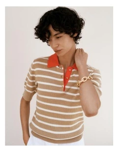 Cotton Cashmere Stripe Rib Knit Polo in Light Camel