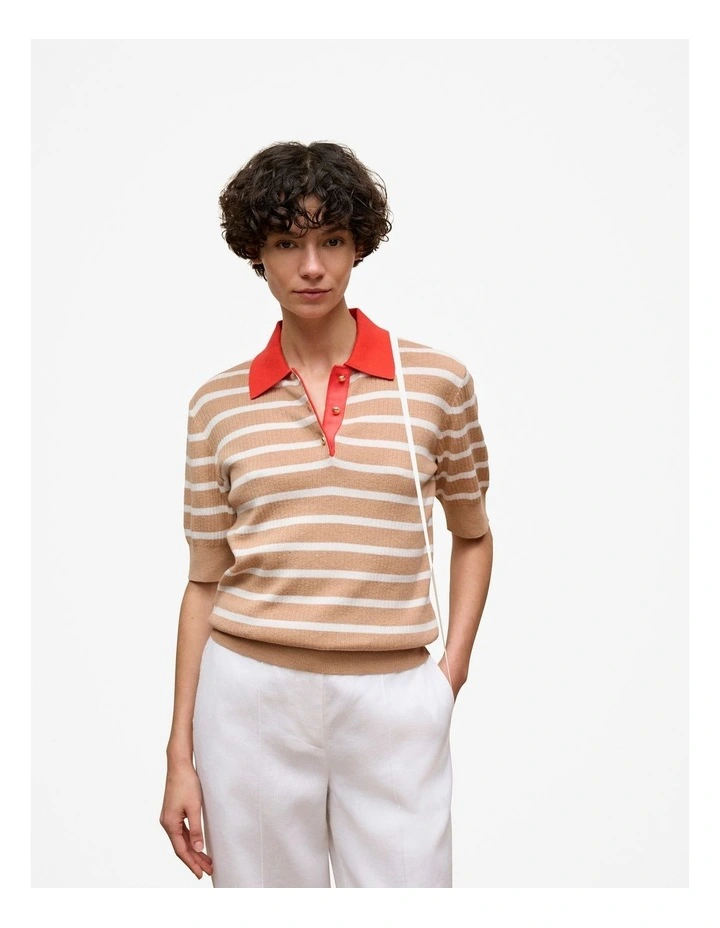 Cotton Cashmere Stripe Rib Knit Polo in Light Camel image 2