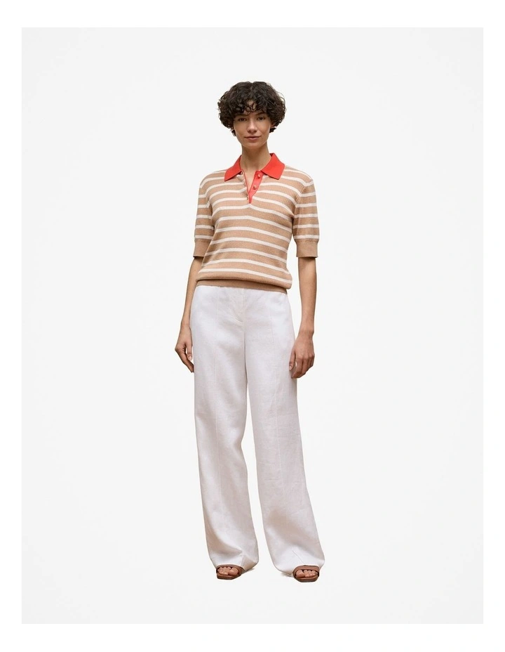 Cotton Cashmere Stripe Rib Knit Polo in Light Camel image 3