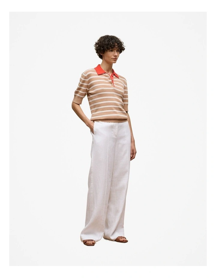 Cotton Cashmere Stripe Rib Knit Polo in Light Camel image 5