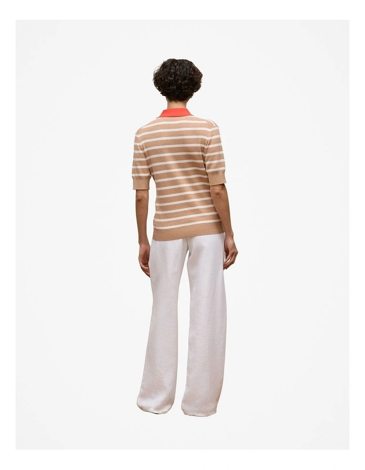 Cotton Cashmere Stripe Rib Knit Polo in Light Camel image 6