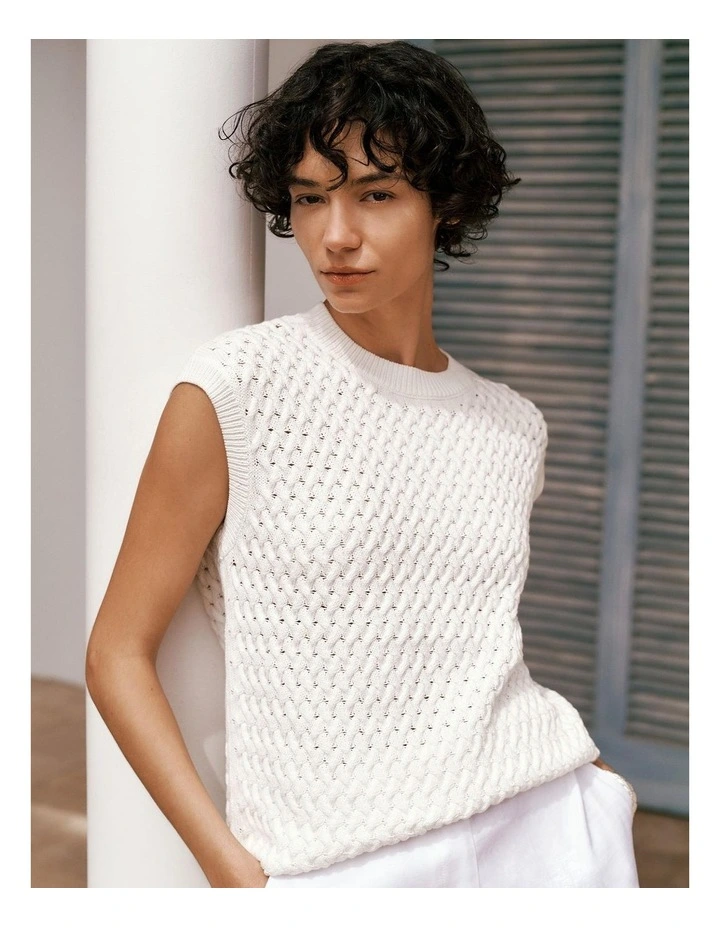 Cotton Knit Sleeveless Tunic in White image 1