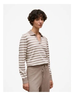 Cotton Cashmere Stripe Knit Polo in Cinder