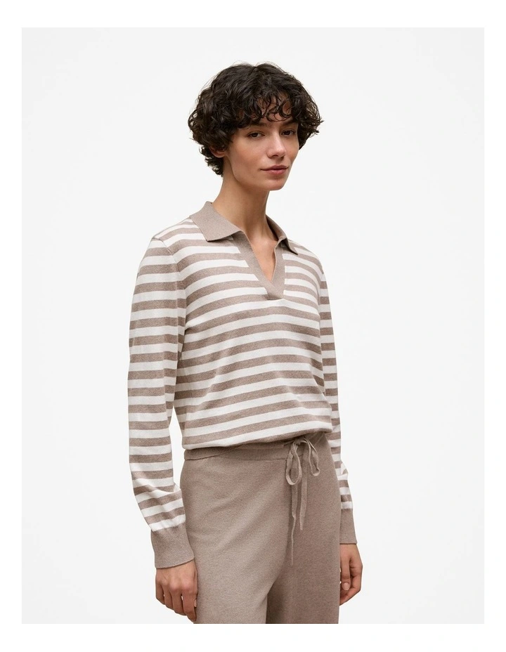 Cotton Cashmere Stripe Knit Polo in Cinder image 1