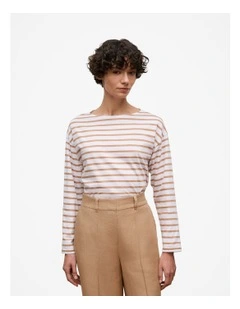 Australian Cotton Stripe Long Sleeve T-shirt in Light Camel