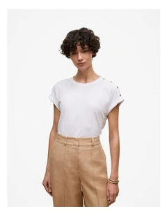 Linen Cotton Button Detail T-shirt in White