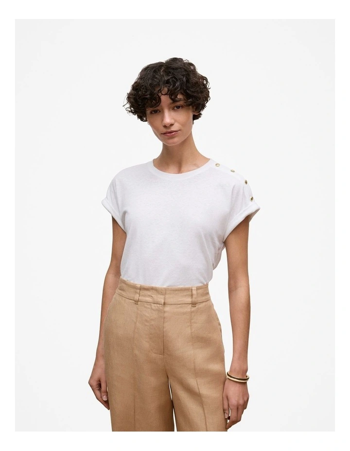 Linen Cotton Button Detail T-shirt in White image 1