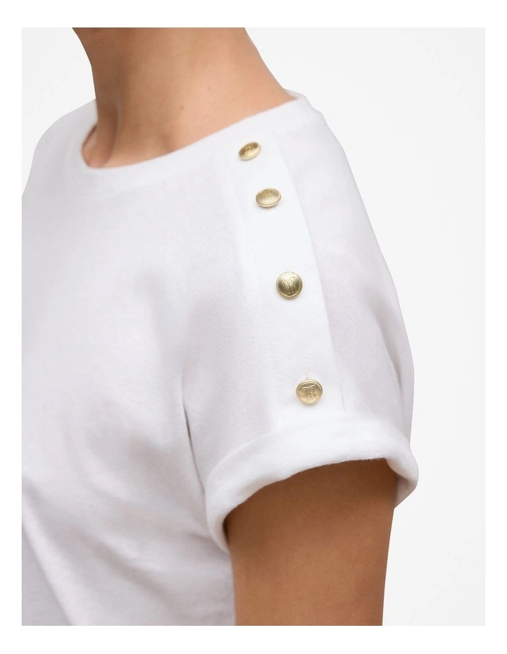 Linen Cotton Button Detail T-shirt in White image 3