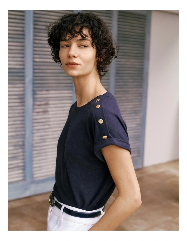 Linen Cotton Button Detail T-shirt in Night Sky image 1