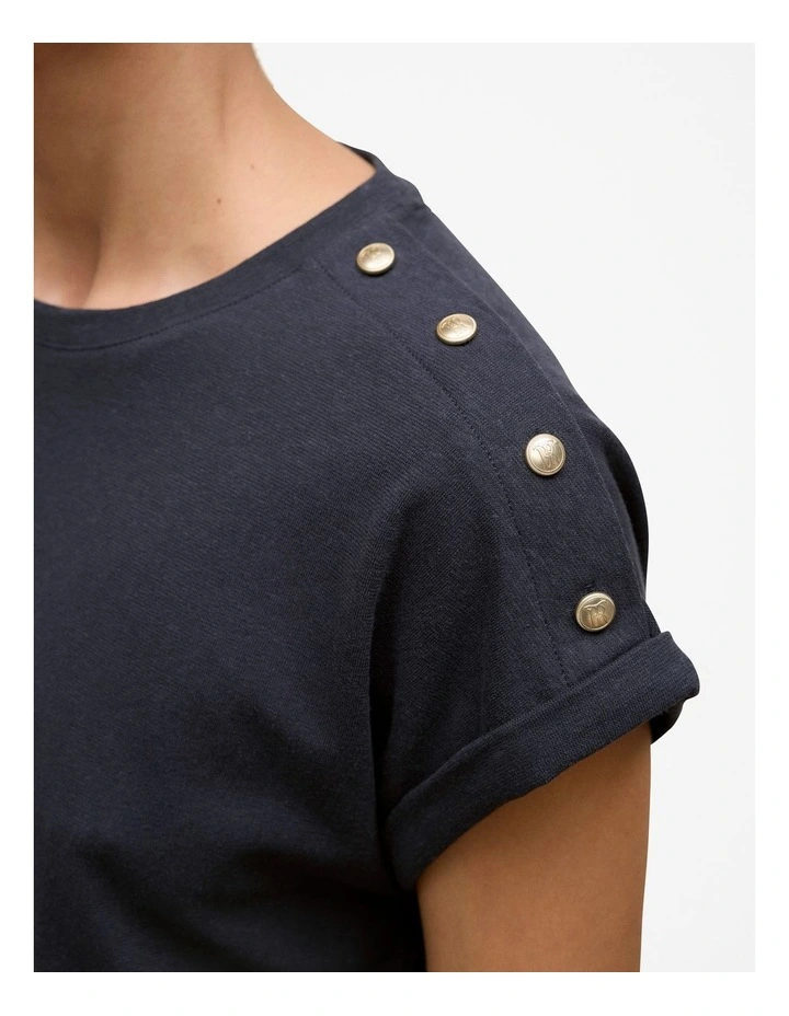 Linen Cotton Button Detail T-shirt in Night Sky image 4